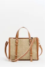 Sac à main et bandoulière style bohème en cuir et paille tricotée pour femme, couleur beige