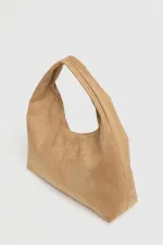 Sac cabas bandoulière en daim camel pour femme - Modèle vintage souple