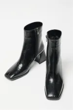 Bottes et bottines en cuir verni noir pour femmes, bout arrondi, talon contrasté, cuir PU, fermeture éclair, élégantes