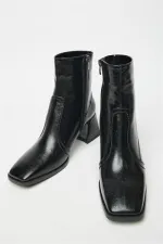 Bottes et bottines à talons plats en cuir verni noir pour femme – Fermeture éclair, style décontracté