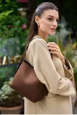 Shopper Yumuşak Deri Ayarlanabilir Askılı Omuz Çantası Kahverengi Süet
