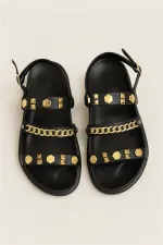 Sandales d'été bohème chic à semelle épaisse pour femme avec chaîne et détails en métal doré noir Sandales d'été bohème chic à semelle épaisse pour femme avec chaîne et détails en métal doré noir