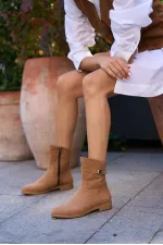 Bottes en cuir pour femme avec boucle, daim beige