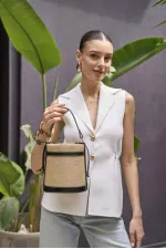 Sac seau en paille noir à main et à bandoulière avec coutures contrastées