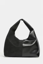 Sac cabas à bandoulière contrasté en daim noir et cuir synthétique pour femme - Modèle vintage souple