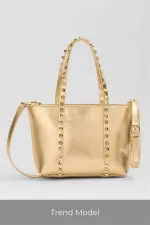 Gold Women's Small Size Stud Detailed PU Leather Buckle Hand and Shoulder Bag