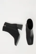 Bottes et bottines en daim noir pour femmes, bout rond, talon contrasté, cuir PU, fermeture éclair élégante Bottes et bottines en daim noir pour femmes, bout rond, talon contrasté, cuir PU, fermeture éclair élégante