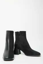 Bottes et bottines en daim noir pour femmes, bout rond, talon contrasté, cuir PU, fermeture éclair élégante Bottes et bottines en daim noir pour femmes, bout rond, talon contrasté, cuir PU, fermeture éclair élégante