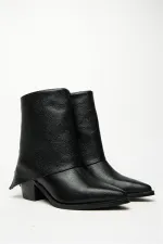 Bottes western noires à talons pour femme en cuir véritable – Bout pointu et fermeture éclair Bottes western noires à talons pour femme en cuir véritable – Bout pointu et fermeture éclair