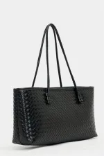 Sac à main et à bandoulière en cuir PU à motifs tricotés – Élégant format large noir Sac à main et à bandoulière en cuir PU à motifs tricotés – Élégant format large noir
