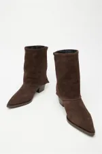 Bottes à talons en cuir véritable et daim marron pour femme – Bout pointu et fermeture éclair Bottes à talons en cuir véritable et daim marron pour femme – Bout pointu et fermeture éclair