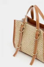Sac à main et bandoulière style bohème en cuir et paille tricotée pour femme, couleur beige