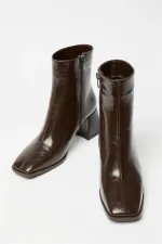 Bottes et bottines en cuir verni marron pour femmes, talons à bout arrondi, cuir PU contrasté, fermeture éclair élégante