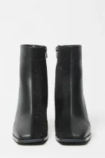 Bottes et bottines en daim noir pour femmes, bout rond, talon contrasté, cuir PU, fermeture éclair élégante Bottes et bottines en daim noir pour femmes, bout rond, talon contrasté, cuir PU, fermeture éclair élégante