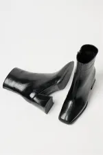 Bottes et bottines en cuir verni noir pour femmes, bout arrondi, talon contrasté, cuir PU, fermeture éclair, élégantes