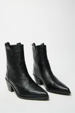 Bottes western en cuir véritable noir pour femme – Talons pointus Bottes western en cuir véritable noir pour femme – Talons pointus