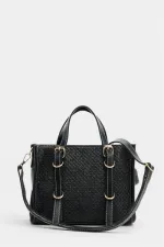 Sac à main et bandoulière style bohème en cuir et paille tricotée pour femme, noir
