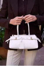 Double Buckle Belt Detailed Hand and Shoulder Bag White
