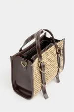 Sac à main et bandoulière style bohème en cuir et paille tricotée pour femme, marron