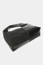 Sac cabas à bandoulière contrasté en daim noir et cuir synthétique pour femme - Modèle vintage souple