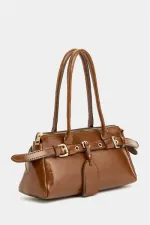 Double Buckle Belt Detailed Hand and Shoulder Bag Tan