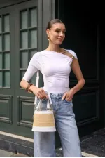 Sac seau à main et à bandoulière de style bohème en paille blanche Sac seau à main et à bandoulière de style bohème en paille blanche