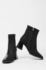 Bottes et bottines en daim verni noir pour femmes, talons à bout arrondi, cuir PU contrasté, fermeture éclair élégante Bottes et bottines en daim verni noir pour femmes, talons à bout arrondi, cuir PU contrasté, fermeture éclair élégante