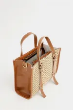 Sac à main et bandoulière style bohème en cuir et paille tricotée pour femme, couleur beige