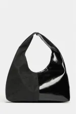 Sac cabas à bandoulière pour femme en daim noir et cuir verni contrasté - Modèle vintage souple