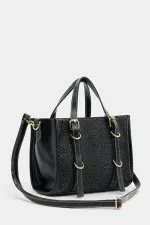 Sac à main et bandoulière style bohème en cuir et paille tricotée pour femme, noir