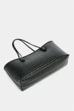 Sac à main et à bandoulière en cuir PU à motifs tricotés – Élégant format large noir Sac à main et à bandoulière en cuir PU à motifs tricotés – Élégant format large noir