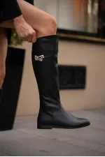 Bottes hautes en cuir noir à ceinture