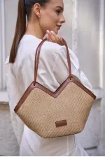 Zippered Tote Bag Tan Straw