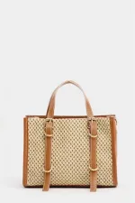Sac à main et bandoulière style bohème en cuir et paille tricotée pour femme, couleur beige