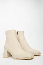 Bottes et bottines beiges pour femmes, bout rond, talons contrastés, cuir PU, fermeture éclair, élégantes