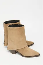 Bottes western à talons en daim camel véritable pour femme – Bout pointu et fermeture éclair