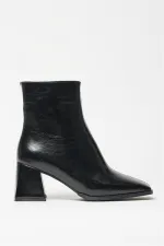 Bottes et bottines en cuir verni noir pour femmes, bout arrondi, talon contrasté, cuir PU, fermeture éclair, élégantes