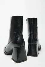 Bottes et bottines à talons plats en cuir verni noir pour femme – Fermeture éclair, style décontracté