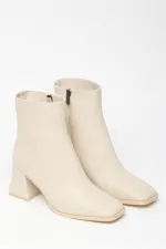 Bottes et bottines beiges pour femmes, bout rond, talons contrastés, cuir PU, fermeture éclair, élégantes