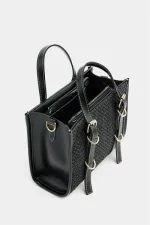 Sac à main et bandoulière style bohème en cuir et paille tricotée pour femme, noir