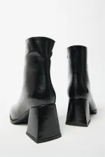 Bottes et bottines en cuir verni noir pour femmes, bout arrondi, talon contrasté, cuir PU, fermeture éclair, élégantes