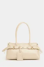 Sac à main et à bandoulière détaillé avec ceinture à double boucle, couleur vison