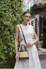 Sac seau à main et à bandoulière de style bohème en paille noire