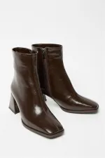 Bottes et bottines en cuir verni marron pour femmes, talons à bout arrondi, cuir PU contrasté, fermeture éclair élégante