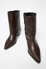 Bottes western à talons en cuir véritable marron pour femme – Bout pointu et fermeture éclair