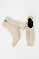 Bottes et bottines en daim beige pour femmes, bout rond, talon contrasté, cuir PU, fermeture éclair élégante Bottes et bottines en daim beige pour femmes, bout rond, talon contrasté, cuir PU, fermeture éclair élégante