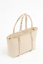 Cream Women's Small Size Stud Detailed PU Leather Buckle Hand and Shoulder Bag