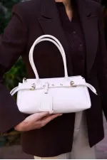 Double Buckle Belt Detailed Hand and Shoulder Bag White