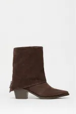 Bottes à talons en cuir véritable et daim marron pour femme – Bout pointu et fermeture éclair Bottes à talons en cuir véritable et daim marron pour femme – Bout pointu et fermeture éclair