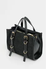 Sac à main et bandoulière style bohème en cuir et paille tricotée pour femme, noir